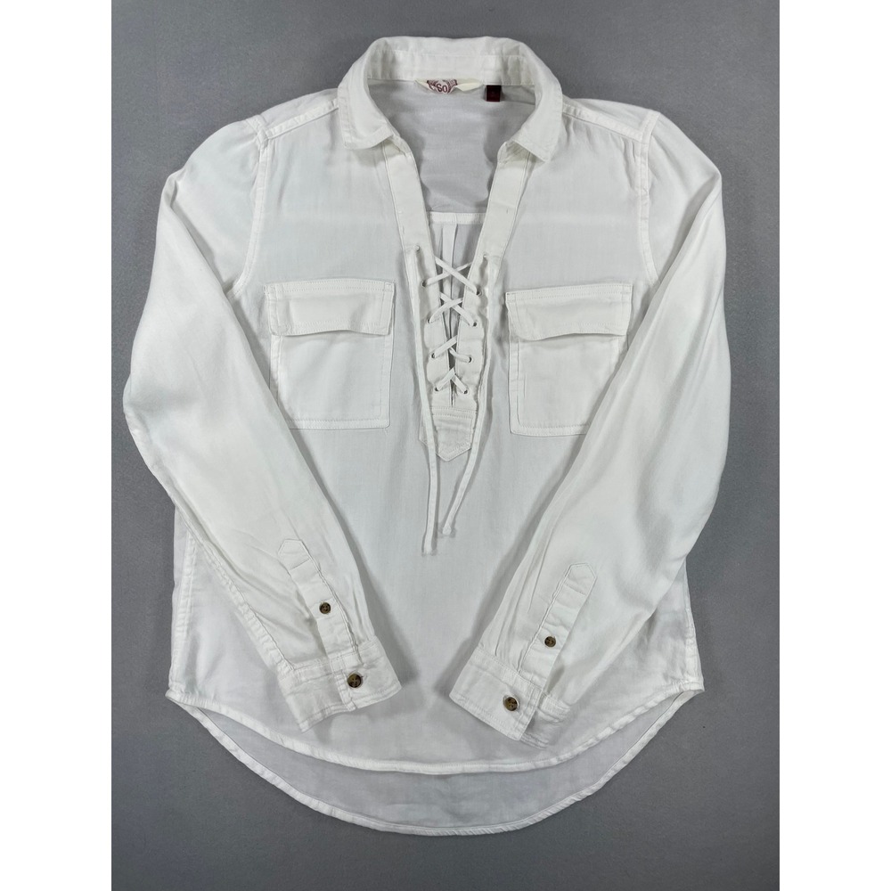 SO Women Blouse Lace Up V-Neck White Solid Rayon Small
